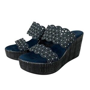 Onex Hip Denim Leather Wedge Sandals  Size 5.5-6  NWOB  Cutouts Studded Platform